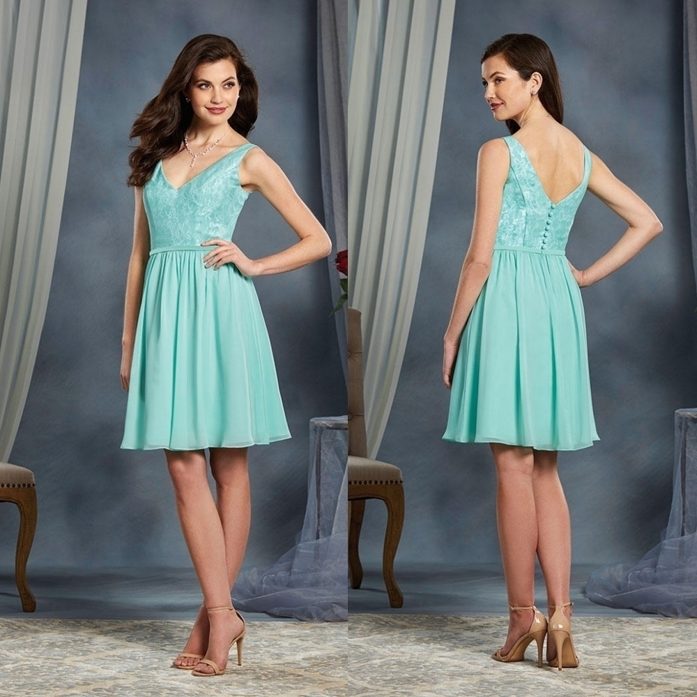 Alfred Angelo Aqua Mint Chiffon Lave V-neck Faux Button Back Mini Skater Dress